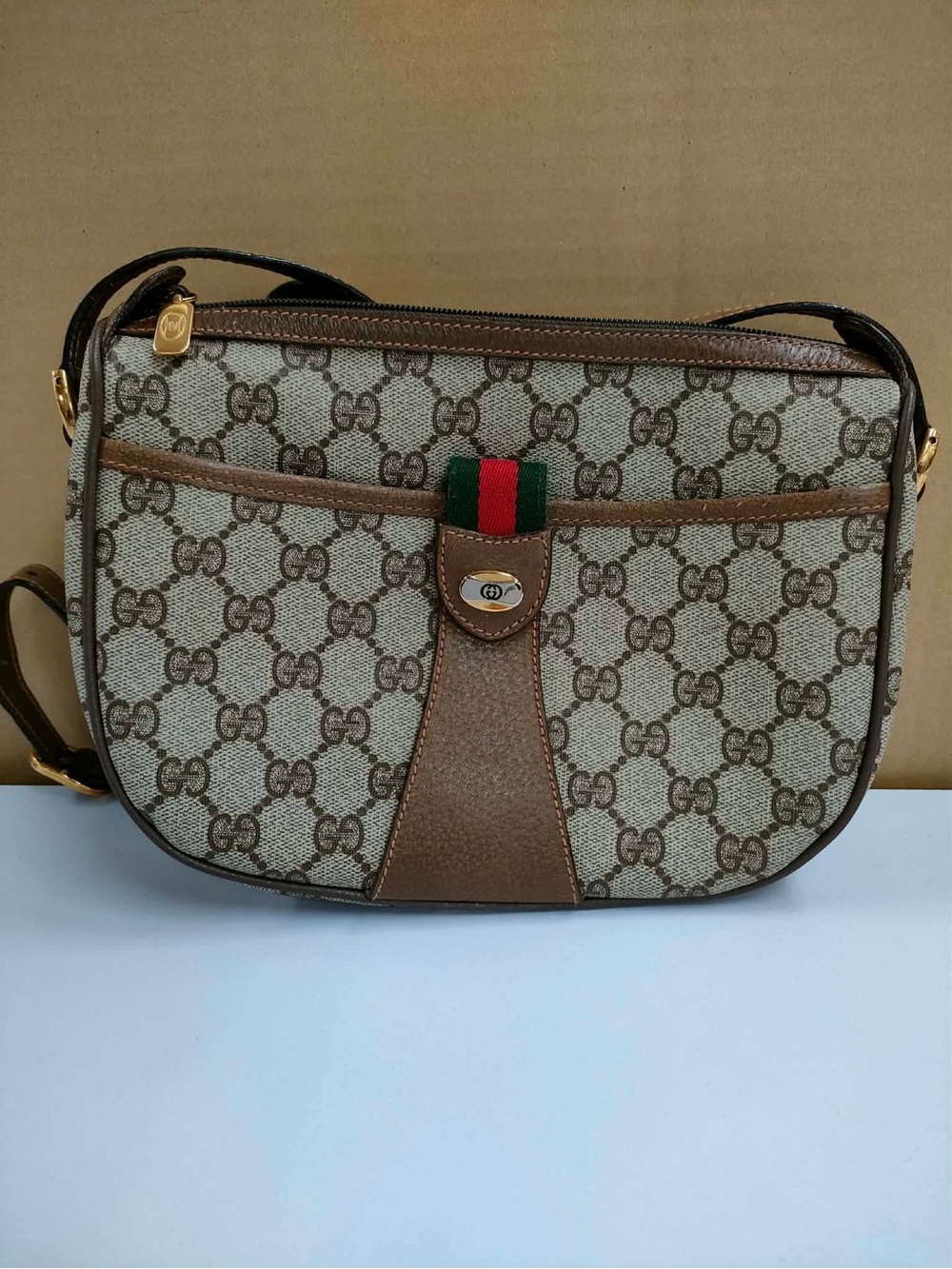 Gucci Beige Brown GG Supreme Canvas Crossbody with Web Stripe